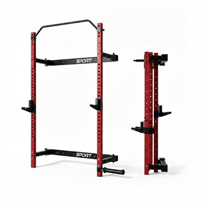 Wall Mounted Squat Rack, Foldable, 1100 LBS, Red/Black