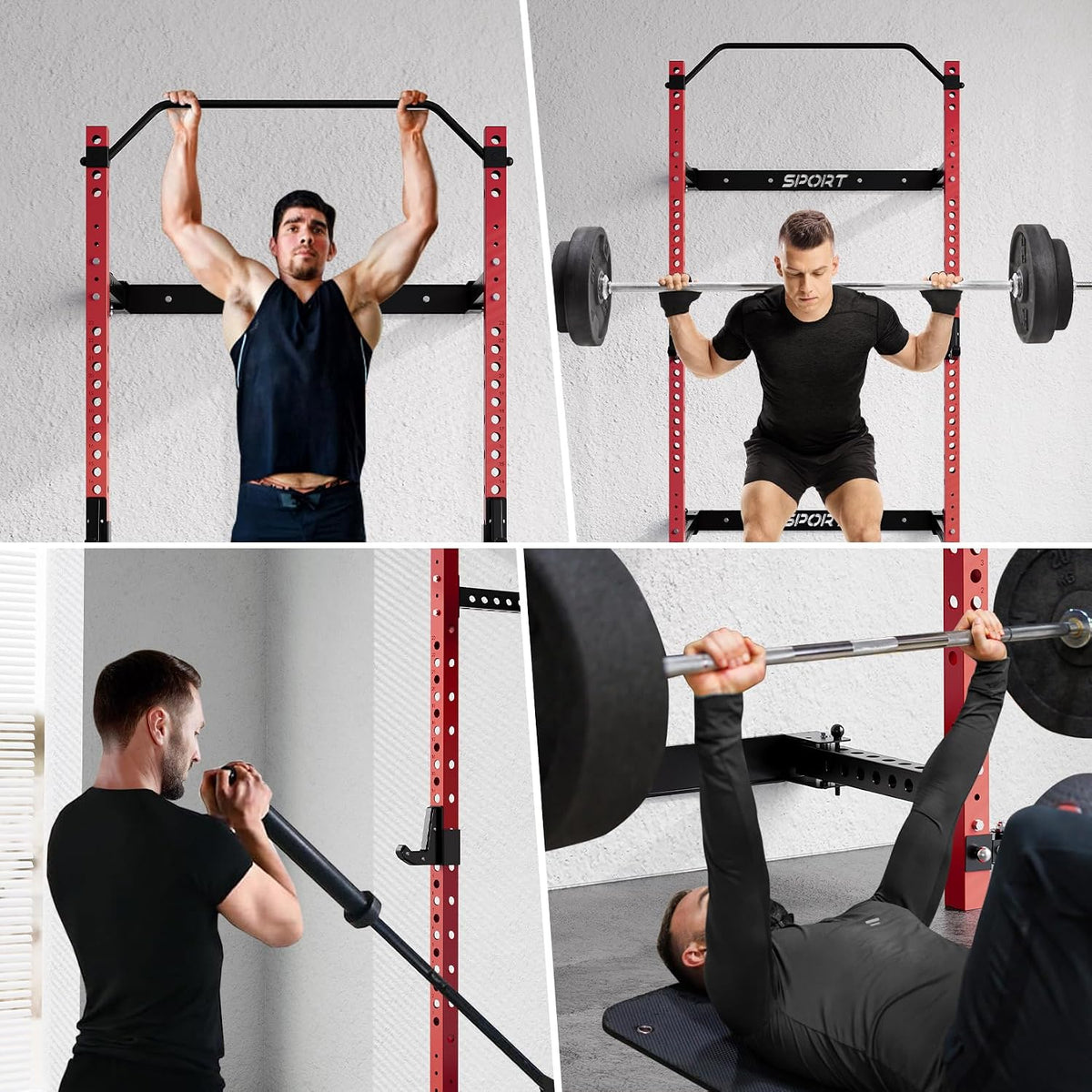 Wall Mounted Squat Rack, Foldable, 1100 LBS, Red/Black