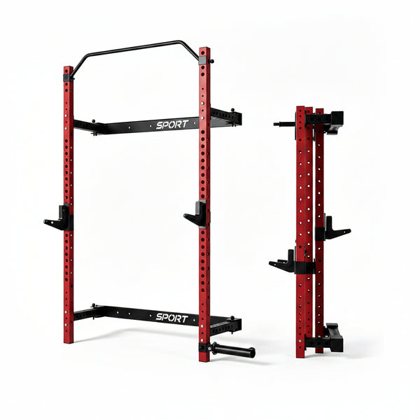 Wall Mounted Squat Rack, Foldable, 1100 LBS, Red/Black
