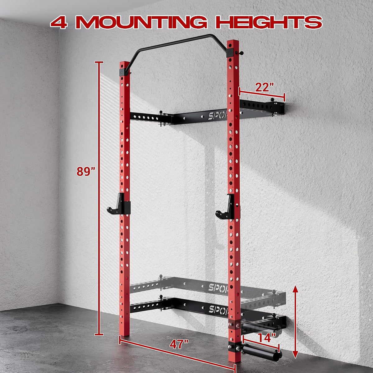 Wall Mounted Squat Rack, Foldable, 1100 LBS, Red/Black