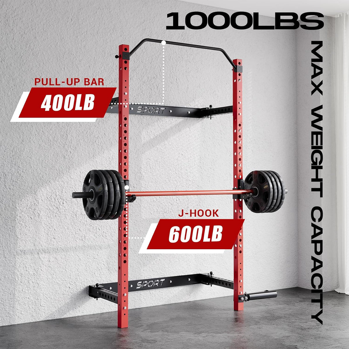 Wall Mounted Squat Rack, Foldable, 1100 LBS, Red/Black