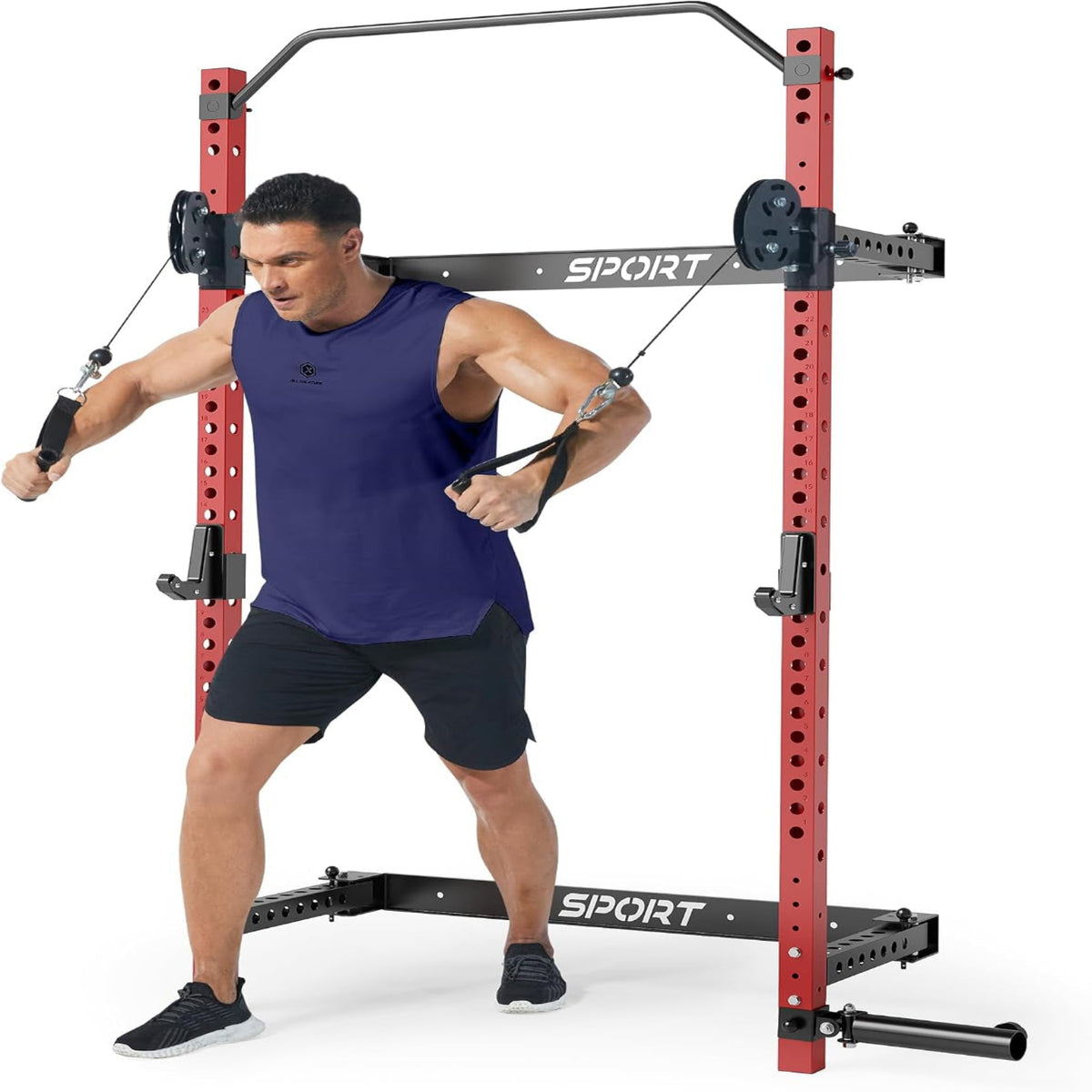 Wall Mounted Squat Rack, Foldable, 1100 LBS, Red/Black
