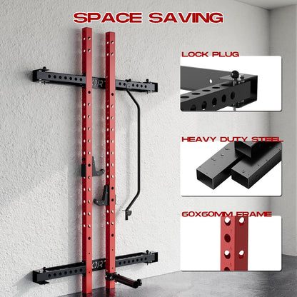 Wall Mounted Squat Rack, Foldable, 1100 LBS, Red/Black