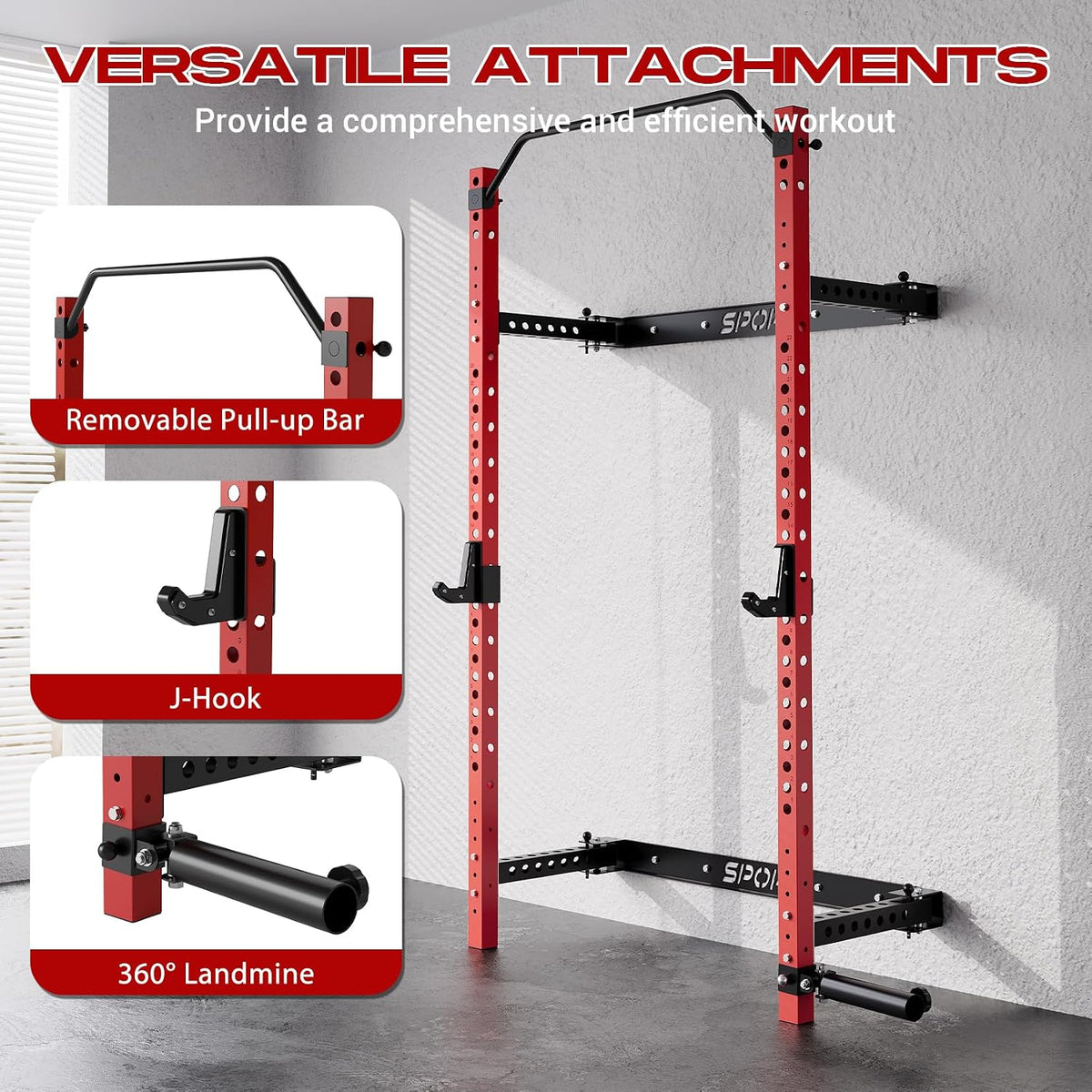 Wall Mounted Squat Rack, Foldable, 1100 LBS, Red/Black
