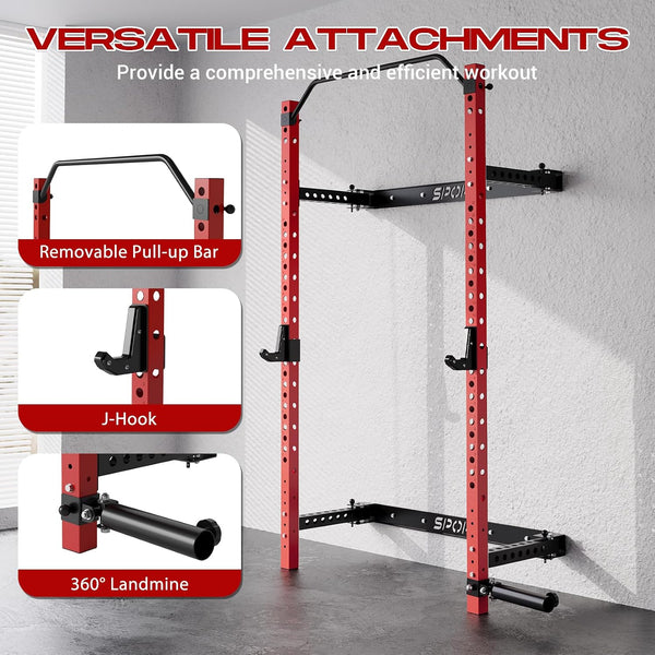 Wall Mounted Squat Rack, Foldable, 1100 LBS, Red/Black