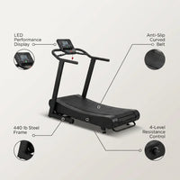 Manual Curved Treadmill Built for Natural Running, LED Display, 440 lb Capacity, 4 Resistance Levels — infographic